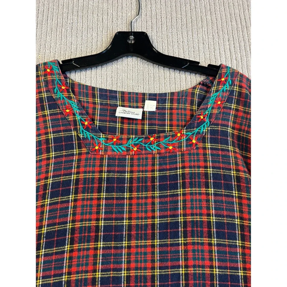 Vermont Country Store Plaid Flannel Nightgown 4X Red Navy Embroidered Pockets